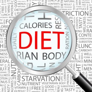 picture of DIET. Magnifying glass over background with different association terms. Vector illustration.