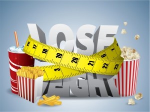 picture of Lose weight text with measure tape and junk food